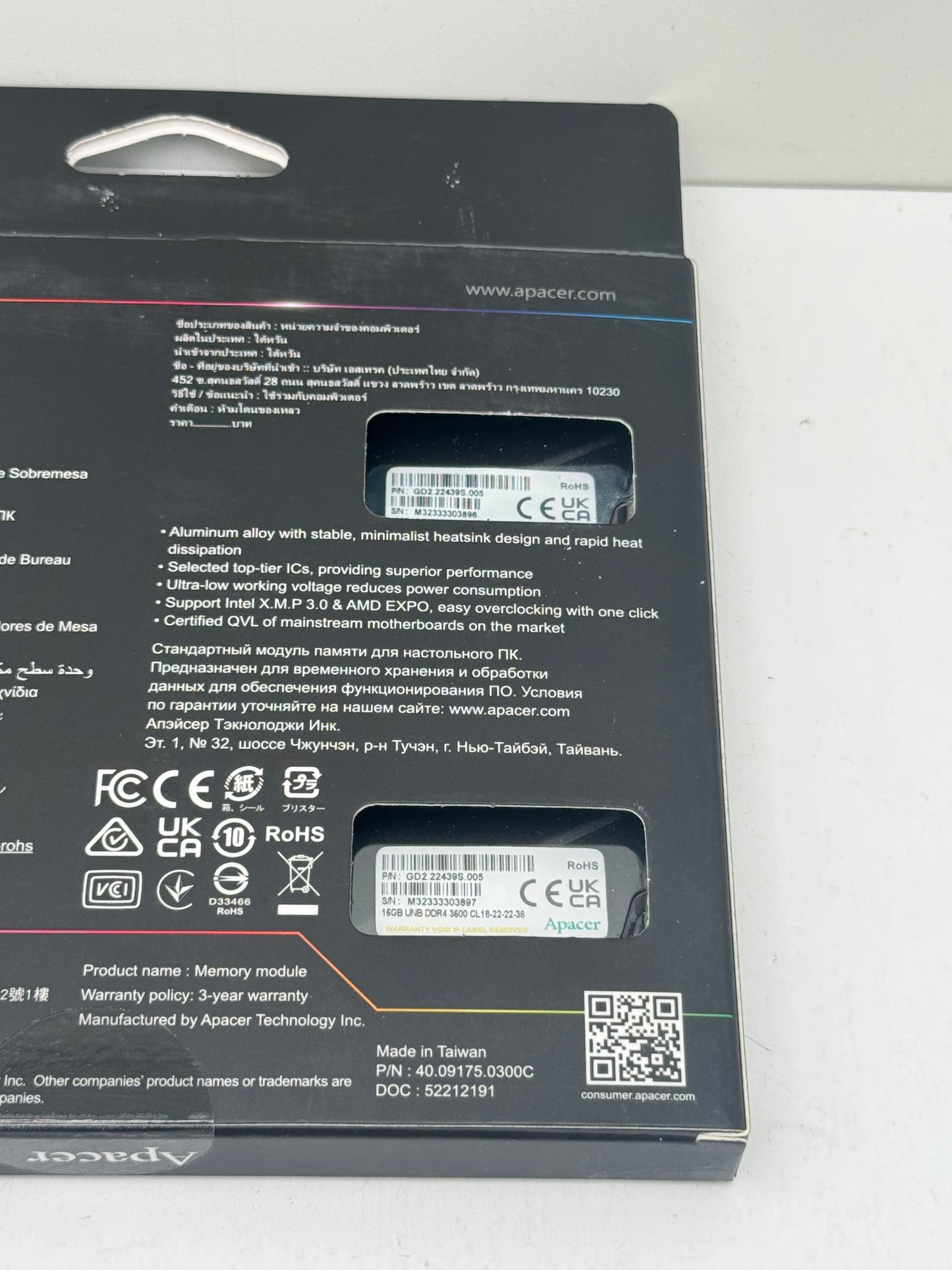 32GB (2x16GB) Apacer Nox RGB 3600MHz DDR4 RAM