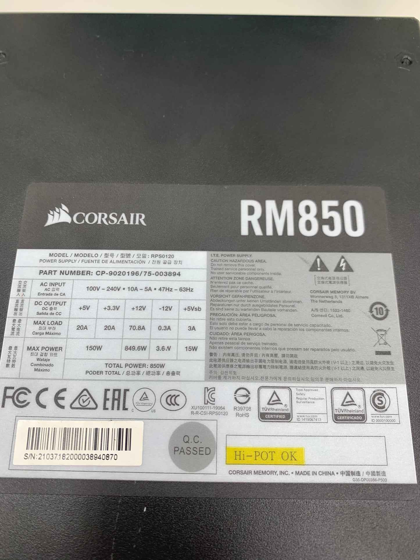 Corsair RM/RMx/RMe/TX/HX850 850W Power Supply PSU