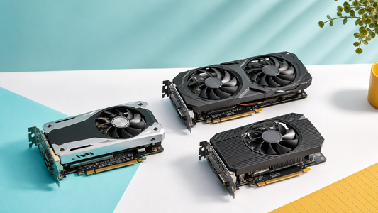Three used graphics cards arranged for a GPUsed guide to GPUs under £200