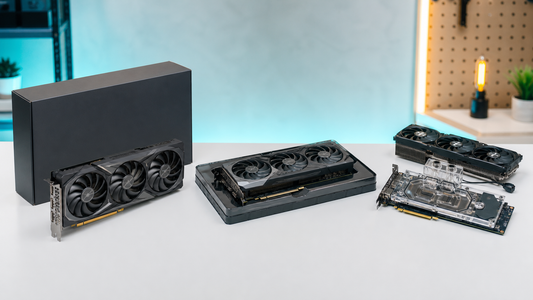 Boxed, bare and water-cooled graphics cards arranged for comparison