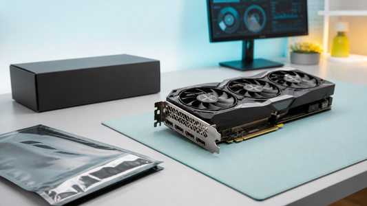 Used graphics card on a clean inspection bench beside an anti-static bag and plain box