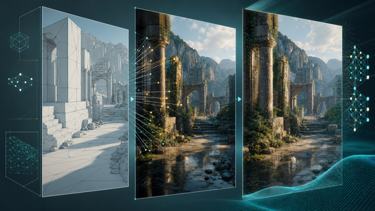 A game scene reconstructed through conventional rendering and small neural graphics models