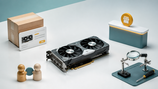 Graphics card surrounded by four different selling-route symbols