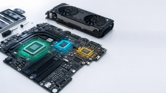 Laptop motherboard and graphics card illustrating CPU, GPU and NPU roles